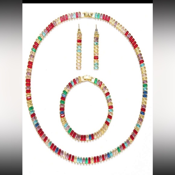 Gold Baguette Multicolor Rhinestone Choker Necklace Earrings Bracelet Set - Picture 12 of 12